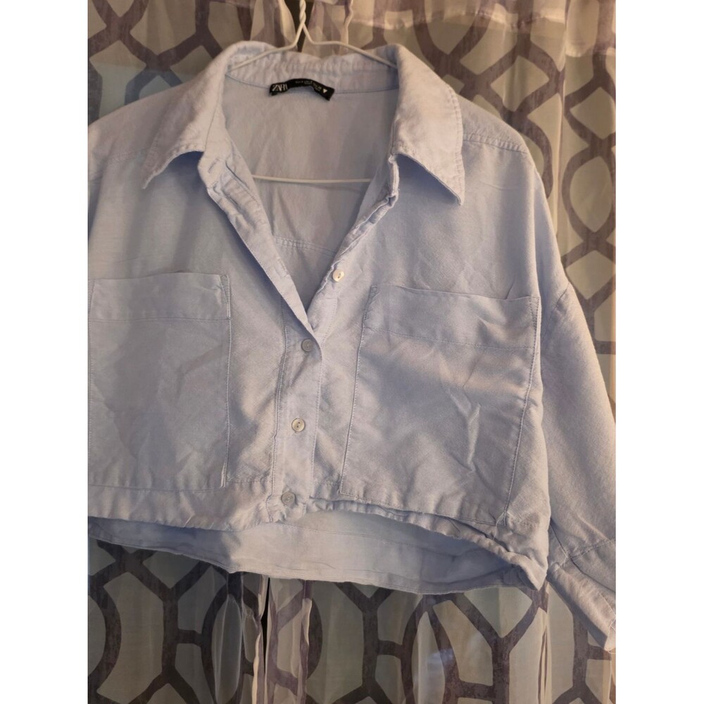 Zara Pale Blue Cropped Button-Down Shirt Size S